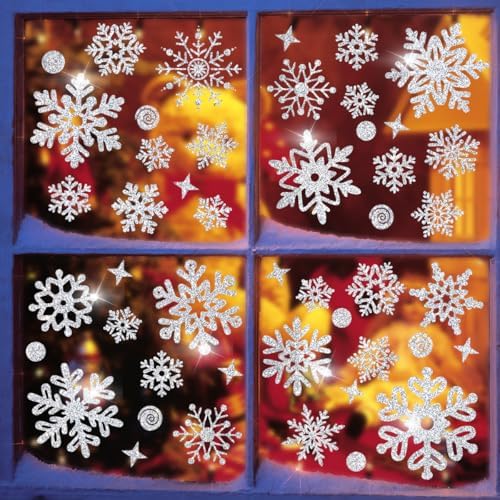170PCS Glitter Christmas Window Clings Snowflake Window Clings for Glass Windows Silver Snowflake Window Stickers