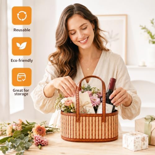 3 Pack Baskets for Gifts Empty, Large Bamboo Woven Gift Basket with Handles, Reusable DIY Gift Baskets Empty Kit with Wrap Bags, Pull Bows and Cards for Christmas, DIY Holiday, Birthday, Registry Gifts