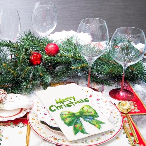 JarThenaAMCS 100 Pcs Christmas Guest Napkins Green Bow Disposable Paper Napkin Dinner Hand Napkins for Xmas Kitchen Home Bathroom Party Supplies Table Decor