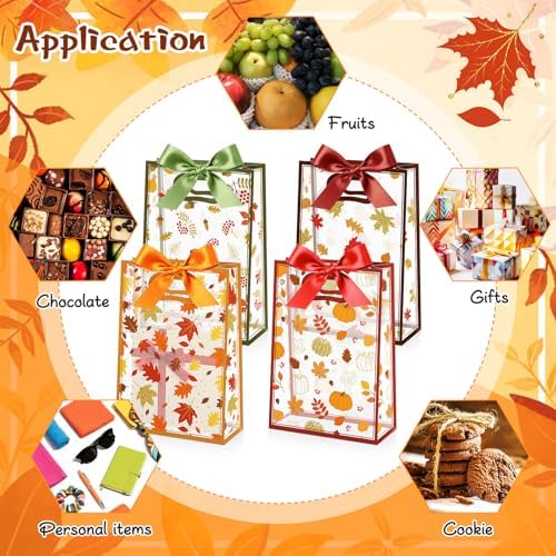 Capoda 24 Pcs Fall Gift Bags Bulk Autumn Plastic Party Favor Bags with Die Cut Handles Reusable Fall Harvest Pouch with Ribbon for Autumn Harvest Thanksgiving Party Decor Supplies