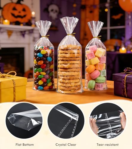 Flat Bottom Cellophane Bags with Twist Ties, 100 Pcs 5x3x12 Inches Cellophane Wrap for Gift Clear Cello Bags Flat Bottom Clear Treat Bags Plastic Packaging for Cookie Candy Goodie (No Side Gusset)