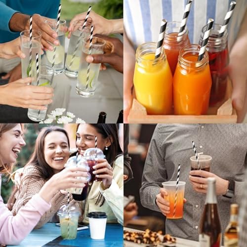 7.75" Black Straws, Black Striped Paper Drinking Straws Disposable 100 ct