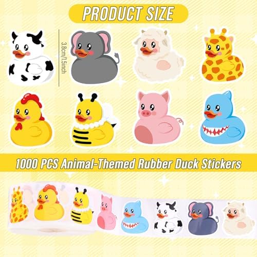 Whaline 1000 Pcs Animal Rubber Duck Roll Stickers Self-Adhesive Funny Safari Zoo Animal Duck Label Decals for Envelope Water Bottle Scrapbook Decor Birthday Party Supplies