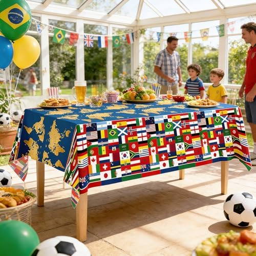 3World Cup Flag Tablecloth International Country Flag Decorations, Disposable Plastic Table Cover for Soccer World Cup Party,Games, Patriotic BBQ, Birthday, Outdoor Picnic Supplies