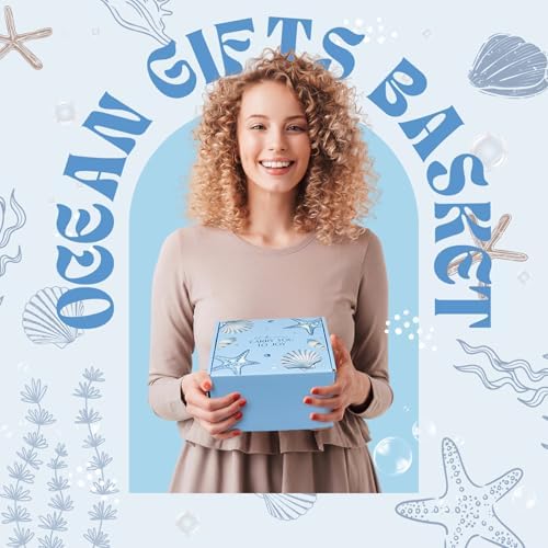 Gifts for Women, 8pcs Ocean Happy Birthday Gifts for Women, Christmas Ideas Inspirational Get Well Soon Gift Baskets Mothers Day Box w/Seashell Tote Bag for Her Mom Sister Friend Friendship