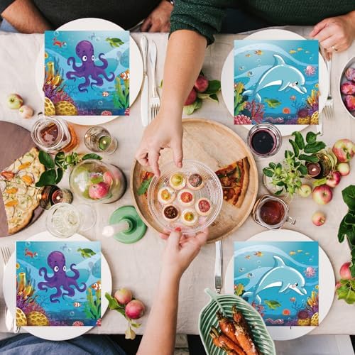 50 Pcs Under the Sea Paper Napkins 6.5 x 6.5 Inches, Ocean Theme Disposable Luncheon Dinner Party Napkins Cocktail Napkin for Sea Animal Party Decorations (Under the Sea)