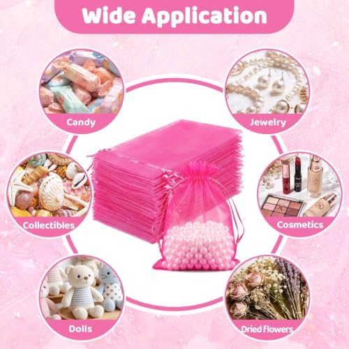 FUNFERY 100PCS Hot Pink Organza Gift Bags 6x9in,Drawstring Jewelry Pouch