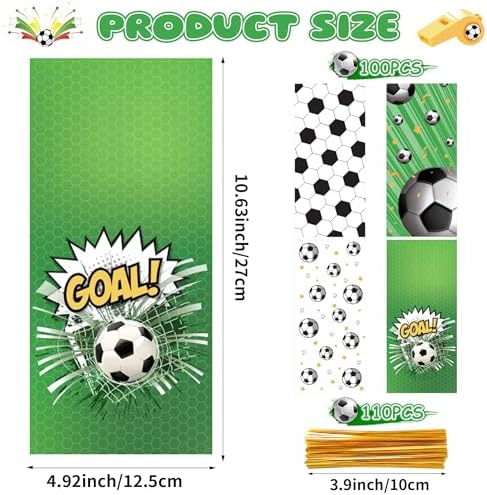 100 Pcs Soccer Cellophane Treat Bags - 5" x 11" Sports Themed Goodie Bags with 110 Gold Twist Ties, 4 Adorable Soccer Designs Clear Candy Bags for Soccer Birthday Party Favors, Team Celebration