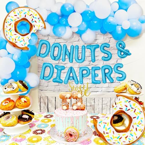 JeVenis Donuts Baby Shower Decorations Blue Backdrop Banner Letter Balloon