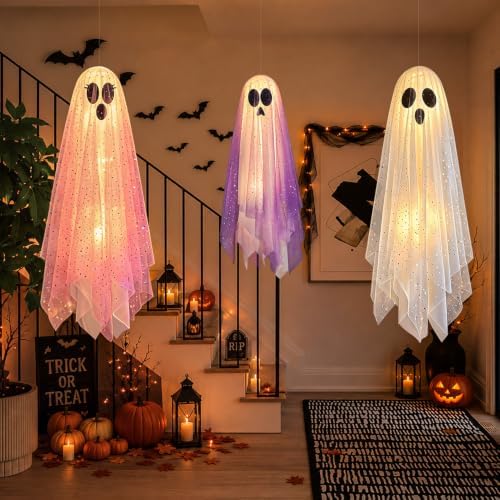 Halloween Decorations 3-Pack Hanging Ghost Lights Outdoor/Indoor