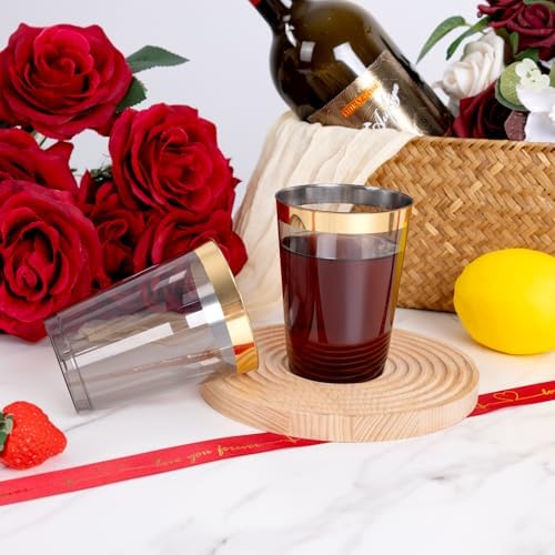 supernal 200 Pack 10 oz Gold Rimmed Black and Gold Plastic Cups for Party