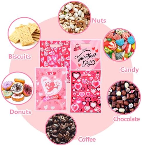 EUVBOKW 100Pcs Valentine's Day Treat Bags with Handle, Heart Shaped Goodie Bags for Candy, Wedding Baby Shower Favors