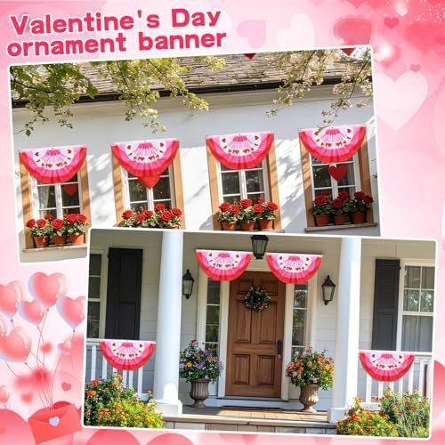 Augshy 4Pcs Valentines Day Bunting Fan Flags, Pink Red Heart Pleated Banner