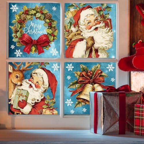 Whaline 4 Sheets Large Christmas Window Clings Santa Reindeer Holly Berry Bell Window Stickers Double-Sided Glass Decals for Winter Xmas Home Classroom Office Party Decoration
