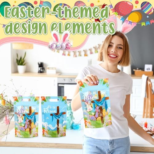 Engrowtic 100 Pcs Easter Treat Bags Reusable Easter Zipper Bags He Is Risen Plastic Gift Bag with Cross Bunny Holiday Bag with Handles for Spring Party Favor Wrapping Supplies