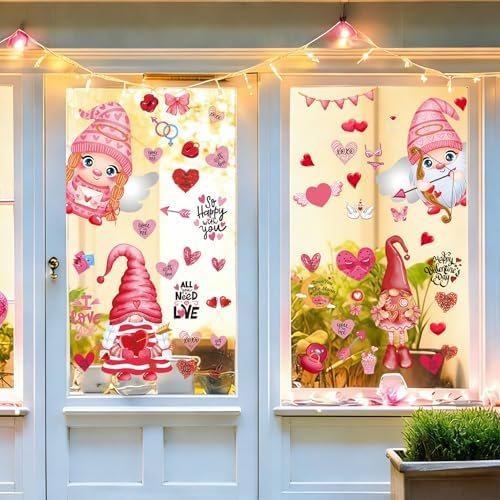 9 Sheets Valentines Day Window Clings Decor: Double-Sided Gnome Window Stickers, Cute Heart & Love Static Cling Decals, Reusable Valentine Decorations for Home School Office Party and Store