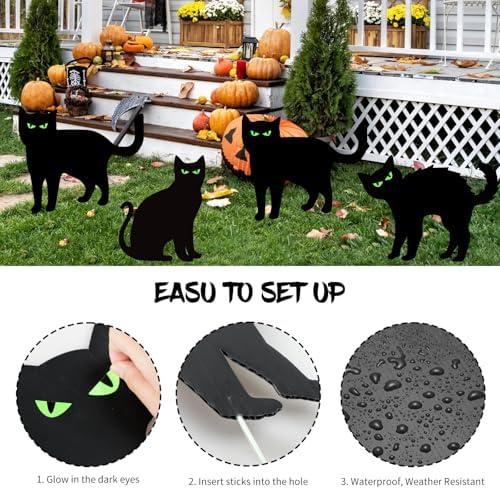 Halloween Decorations Outdoor 6 PCS Black Cat Yard Signs with Stakes Scary Silhouette with Glow in Eyes Waterproof for Yard Lawn Garden Indoor Home Halloween Decor
