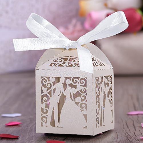 Tinksky 100pcs Wedding Candy Boxes Couple Design Luxury Lase Cut Party Wedding Favor Ribbon Candy Boxes Gift Box Table Decorations (White)