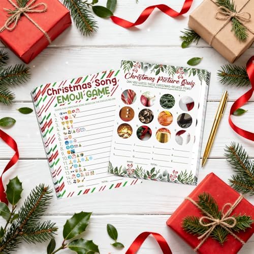 27 Pcs Christmas Games for Family Party Merry Christmas Paper Game Cards Double Sided Printed Xmas Festival Picture Quiz Guessing Songs Adults Holiday Activity Decorations Large Groups with Answer Key