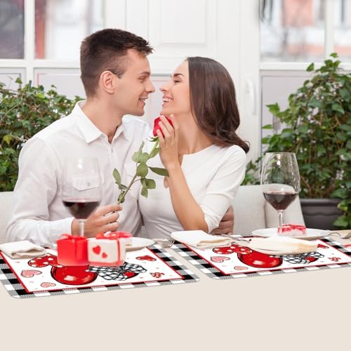 6 Set Valentine's Day Placemats, 11x16 Inch Buffalo Plaid Red Heart Plastic Placemats Seasonal Bow Tie Spring Holiday Table Mats for Wedding Party Festival Decor