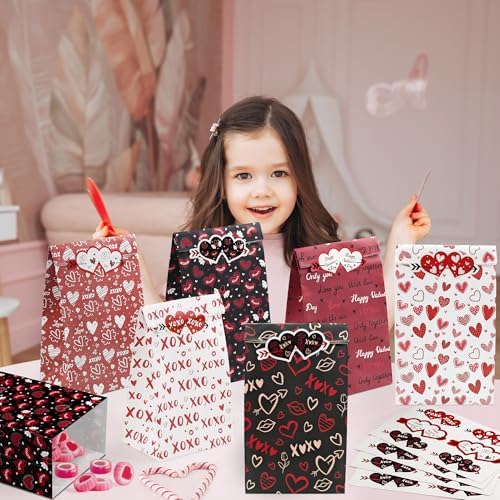 Valentines Bags - 24 PCS Valentines Gift Bags for Class School,Valentine Treat Bags with Stickers -Valentine Goodie Bags for Kids | Valentine's Day Gifts for Kids -Valentine's Decorations Party Favors
