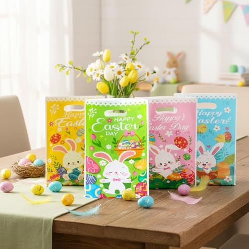 Easter Treat Bags, 50 PCS Easter Gift Bags with Handles, Plastic Happy Easter Day Cookie Goodie Candy Bag Easter Bunny Cute Spring Party Favor Bag for Easter Party Favors Supplies, 6.5x10 Inch