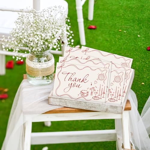 Whaline 24 Pack Wedding Thank You Cards Vintage Red Bow Cake Thank You Blank Note Card Greeting Cards with Envelope Sticker for Bridal Shower