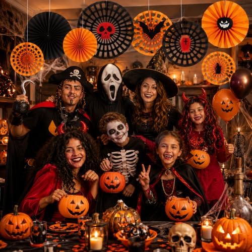 Honeycomb Round Paper Fans, 9Pcs Black Orange Halloween Party Decorations