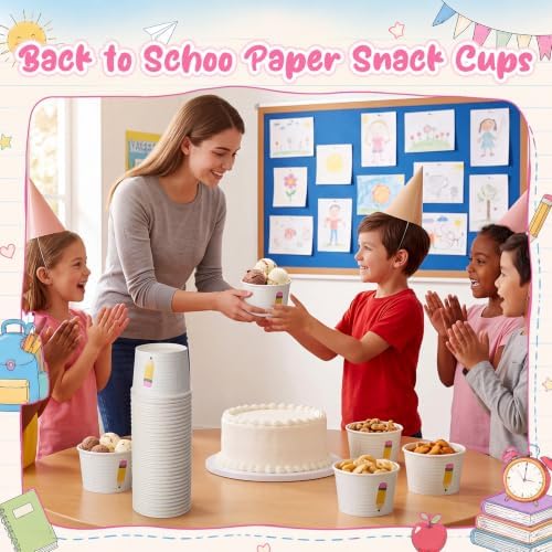 Maxdot 50 Pcs Back to Snack Bowls Cups 9 oz Pencil Notebook Line Paper Bowls First Day of School Disposable Ice Cream Dessert Cups for Classroom Party Supplies