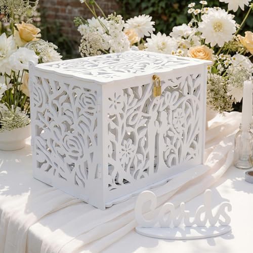 Jolik Bride and Groom Wedding Card Box with Sign, Large Rustic Locking Money Box Holder for Wedding Reception, Gift Card & Envelope Storage, DIY Anniversary & Birthday Party Decoration
