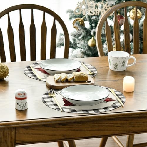 Artoid Mode Waterclor Buffalo Plaid Christmas Trees Merry Xmas Round Placemats Set of 4, 14 Inch Seasonal Winter Round Table Mats for Dining Decoration