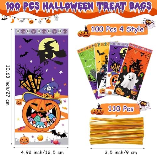 100 Pcs Halloween Cellophane Treat Bags - 5 x 11 Inch Halloween Goodie Bags with Gold Ties for Cookies, Snacks, Party Favors & Gift Packaging, 2.8 Mil Thick Plastic Spooky Season Candy Bag for Kids