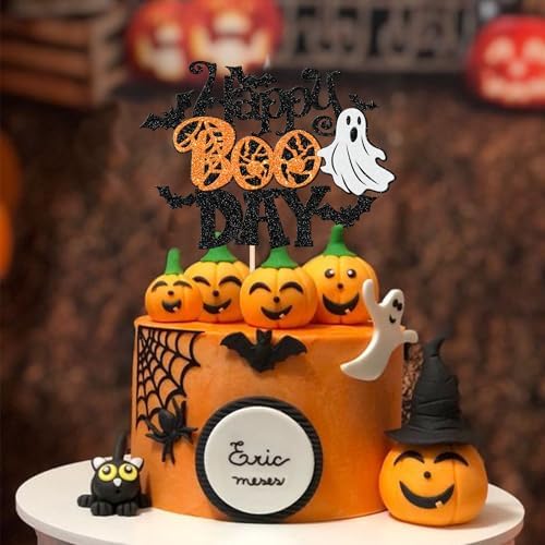 1 PCS Happy Boo Day Cake Topper Glitter Spooky Bat Cake Pick Little Boo Halloween Cake Decoration for Ghost Halloween Theme Baby Shower Kids Birthday Party Cake Decorations Supplies