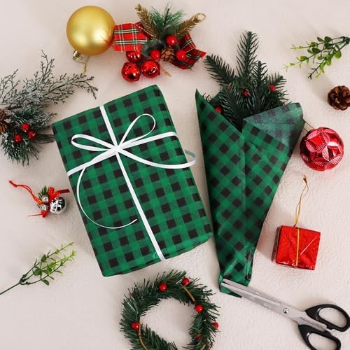 BEISHIDA Christmas Gingham Tissue Paper Bulk, Black and Green Buffalo Plaid Wrapping Tissue Paper for Gift Bags, 14 x 20 Inch Gift Wrap for Christmas Party DIY Crafts Decor Holiday Flowers-50pcs