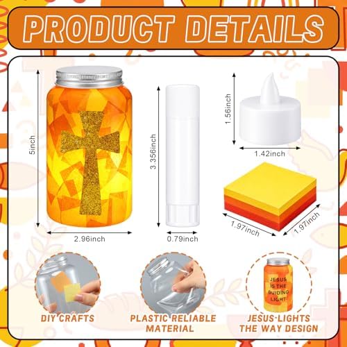 Qinyoung 12 Sets Religious Cross Crafts Jesus Lights The Way Mason Jars Tissue Paper Crafts with LED Candle Light Make Your Own VBS Mason Jars Decoration for Camping Sunday School Projects Activity