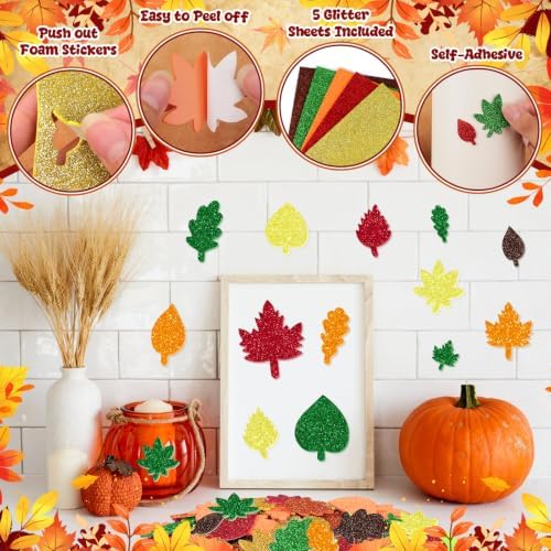 365Pcs Foam Stickers Glitter 3D Fall Leaf Foam Shape Stickers,Fall Leaf