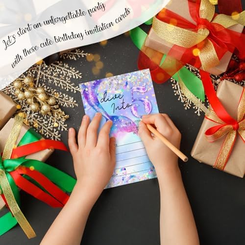 Set of 20 Magic Flash Purple Mermaid Birthday Invitation, Party Invitations for 5th Grils & Kids with Envelopes and Pieces Stickers, Supplies for Sea Ocean Theme Birthday Partys Decorations -07