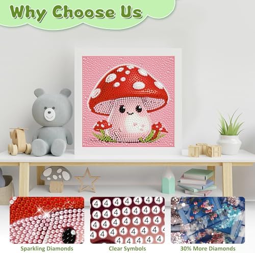 Mushroom Diamond Art Kits for Kids with Frame, Cartoon Diamond Painting Kits for Kids Ages 4-8-12, Easy Diamonds Gem Art Crafts Gift for Girls Boys, Beautiful Package for and Home Wall Decor(7x7inch)
