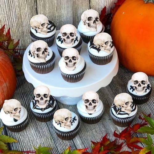 60 PCS Edible Halloween Skull Cupcake Toppers Wafer Paper Horror Skull Cupcake Picks Edible Death Head Skeleton Cupcake Decorations for Halloween Baby Shower Birthday Party Cake Decorations Supplies