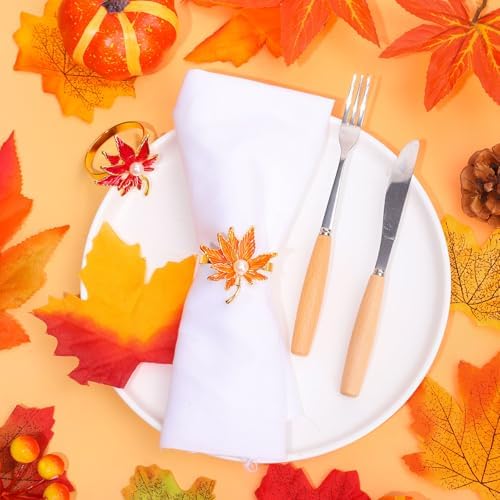 Whaline Fall Leaves Napkin Rings Set of 6 Thanksgiving Party Maple Leaves Napkin Holders Metal Napkins Buckle for Autumn Thanksgiving Harvest Dinner Party Table Setting Decor