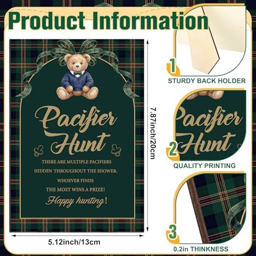 Thyle 51 Pcs Blue Green Tartan Plaid Baby Shower Games We Can Bearly Wait Pacifier Hunt Include Hunt Sign and 50 Acrylic Pacifiers for Baby Shower Game Decoration Gift Sets Gender Reveal Party Decor