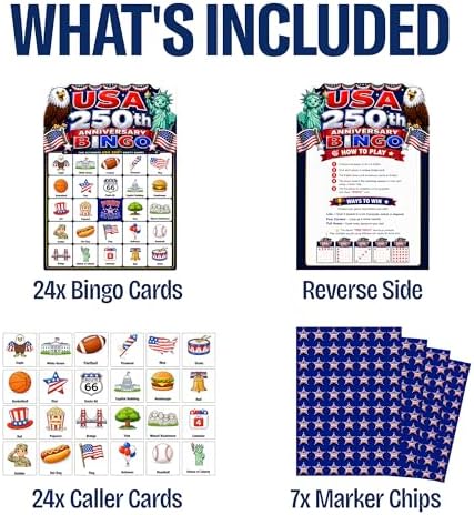 USA 250th Anniversary Historical Memorabilia Bingo Game 24 cards, 470 Chips