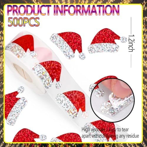500Pcs Christmas Stickers Roll 1.2in Red Christmas Hat Xmas Winter Self-Adhesive Stickers for Xmas Envelopes Invitations Greeting Cards Party Gift Supplies
