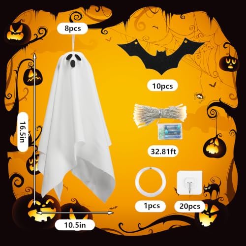 18 Pcs Halloween Hanging Ghost Bats Decorations with LED Light
