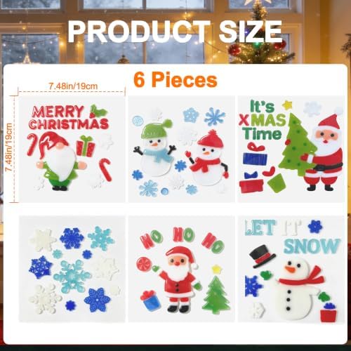 6 Sheets Christmas Gel Window Clings, Christmas Window Stickers for Glass