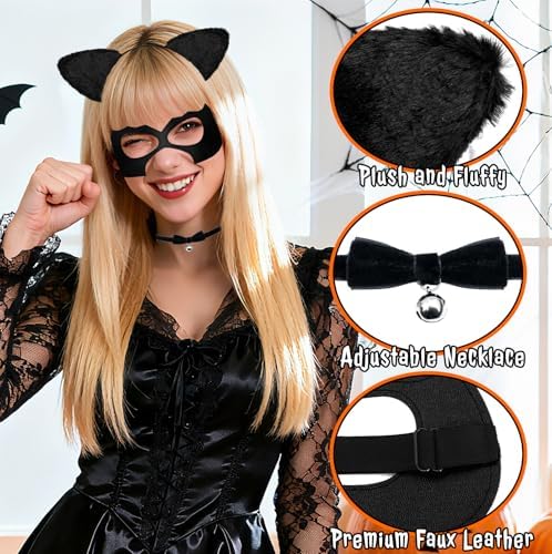 Voiiake Black Cat Ears Headband, Mask & Choker Set - Cat Costume Outfit Woman Adult Women, Halloween Costume Dress-Up Accessories for Party and Cosplay