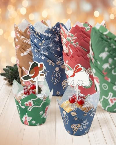 Bake Choice 200 Pcs Christmas Tulip Cupcake Liners with 24 Pcs Cupcake Toppers, Cupcake Liners, Tulip Cupcake Liners for Baking, Standard Tulip Muffin Liners for Christmas Holiday