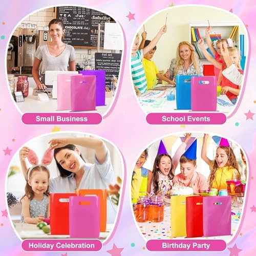 VieFantaisie 50 PCS Hot Pink Party Favor Bags, 8" x 11" Goodie Bags for Candy Treat Craft Easter Egg, Plastic Gift Bag with Die Cut Handles for Birthday Party, School Events & Small Business, Wedding