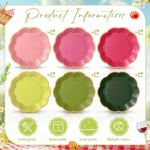 72 Pcs Pink and Green Paper Plates 9 Inch Disposable
