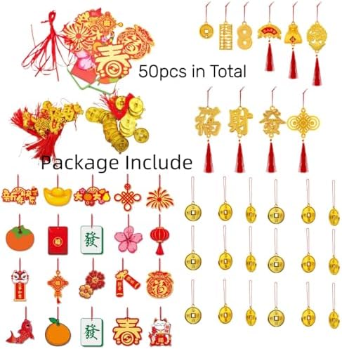 KYMY Chinese New Year Hanging Ornaments Set – 30pcs Red & Gold Lucky Decorations with Coins, Fu Charms & Lanterns, 2026 Zodiac Horse Year Spring Festival Pendants for Tree, Branch & Home Decor